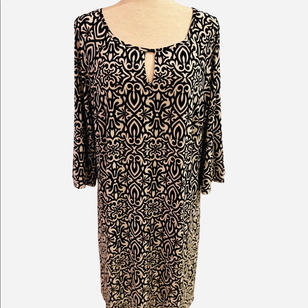 Laundry Shelli Segal Dress Black &White keyhole neck Scroll Pattern Black Lining - Picture 7 of 12